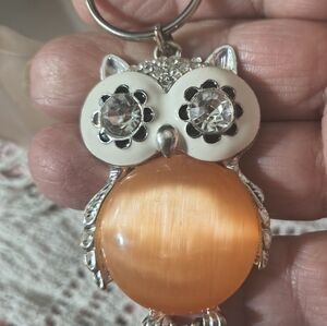 Purse Charm or Key Chain Owl Jelly Belly Silver Tone White Bling and Orange